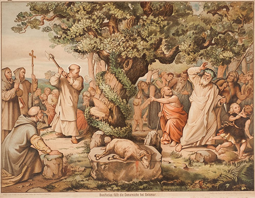 Illustration of Boniface cutting down Thor's Oak